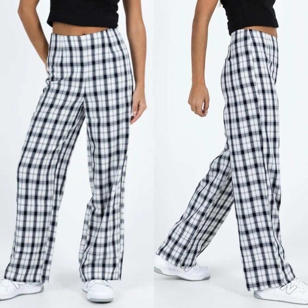 Princess Polly Navy White Euros Wide Leg Checkered Trouser Pants Size 6